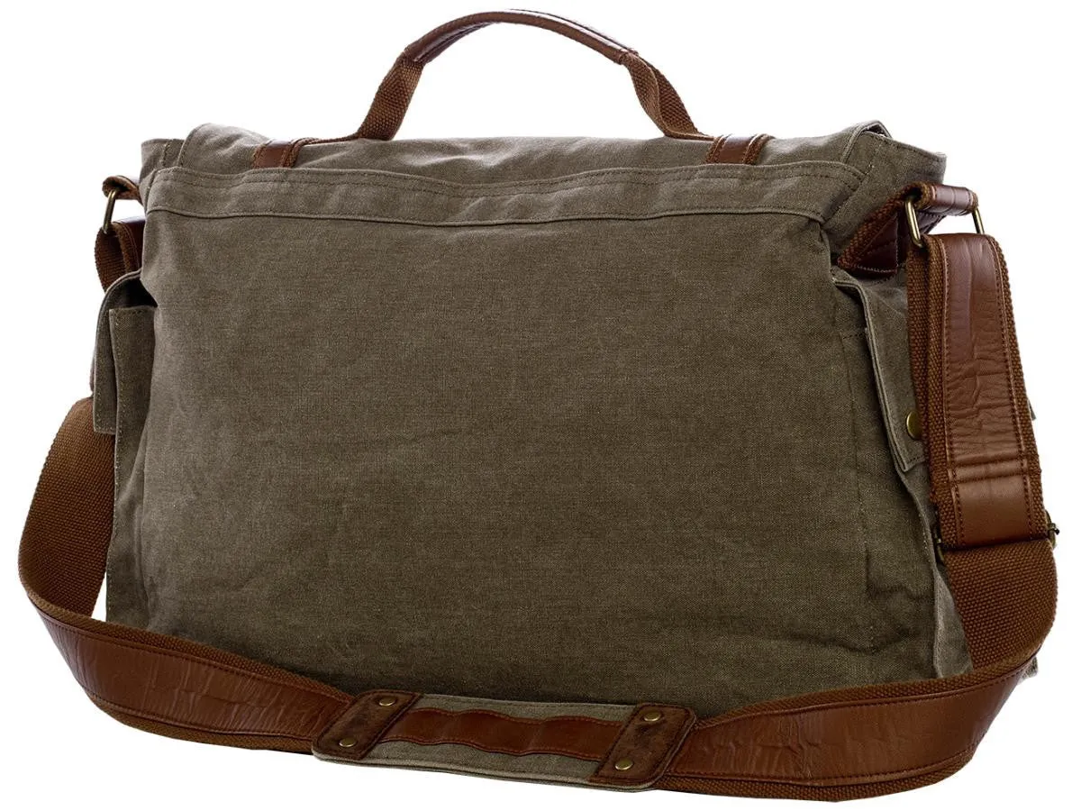 17" Laptop Army Green Leather & Canvas Messenger Bag