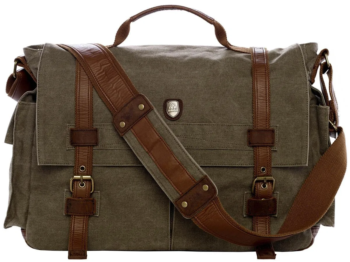 17" Laptop Army Green Leather & Canvas Messenger Bag