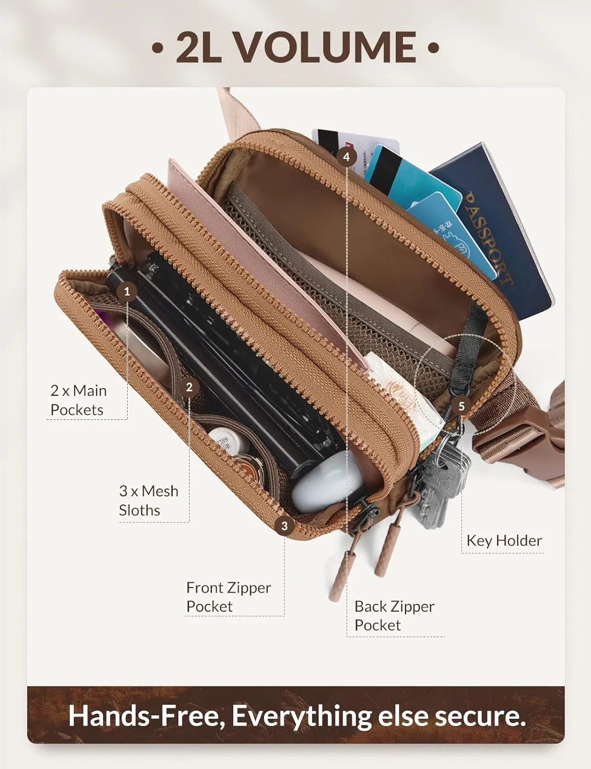BALEAF Belt Bag Women Fanny Packs Crossbody Fashion Waist Pack Water Resistant Adjustable Strap 2L Brown