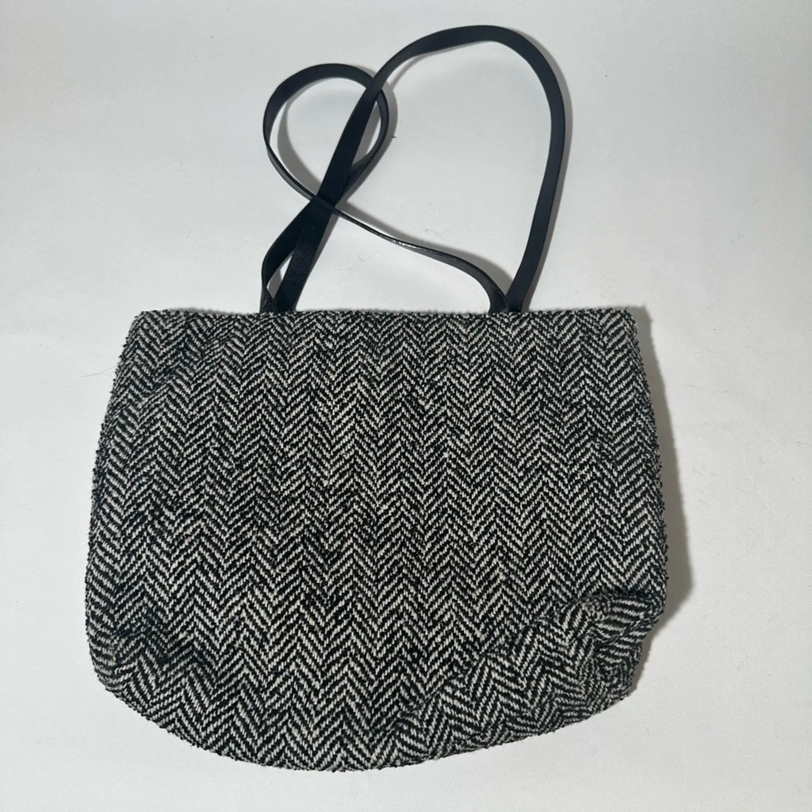 Black and White Tote with Textured Fabric and Long Handles
