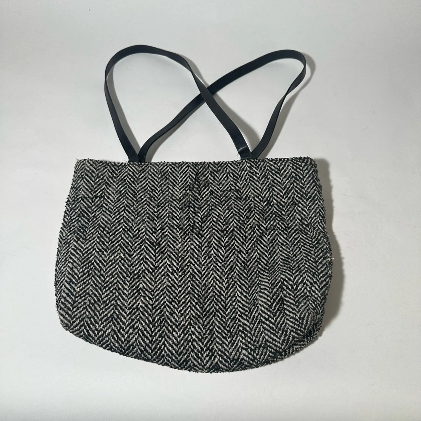 Black and White Tote with Textured Fabric and Long Handles