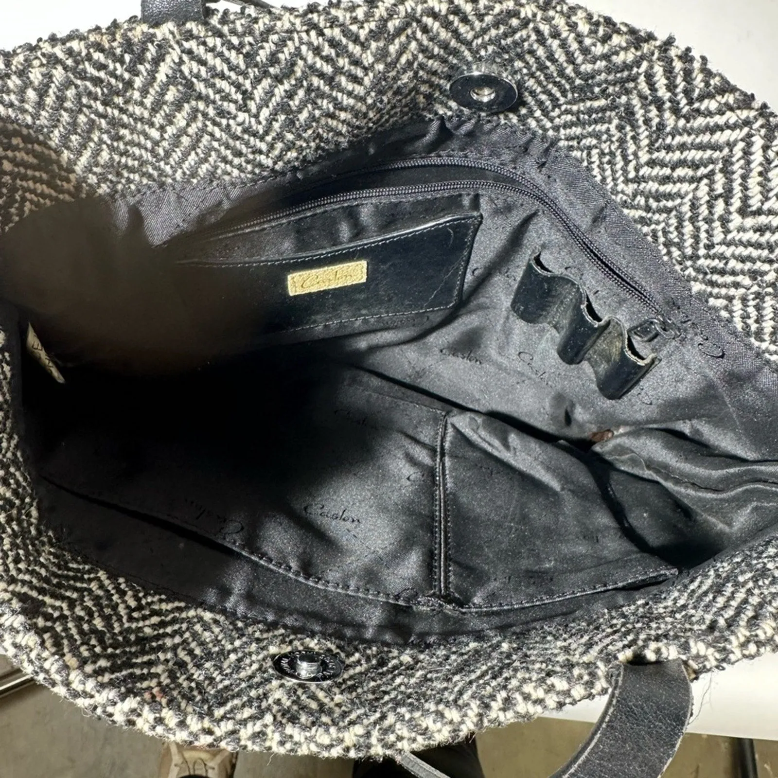 Black and White Tote with Textured Fabric and Long Handles