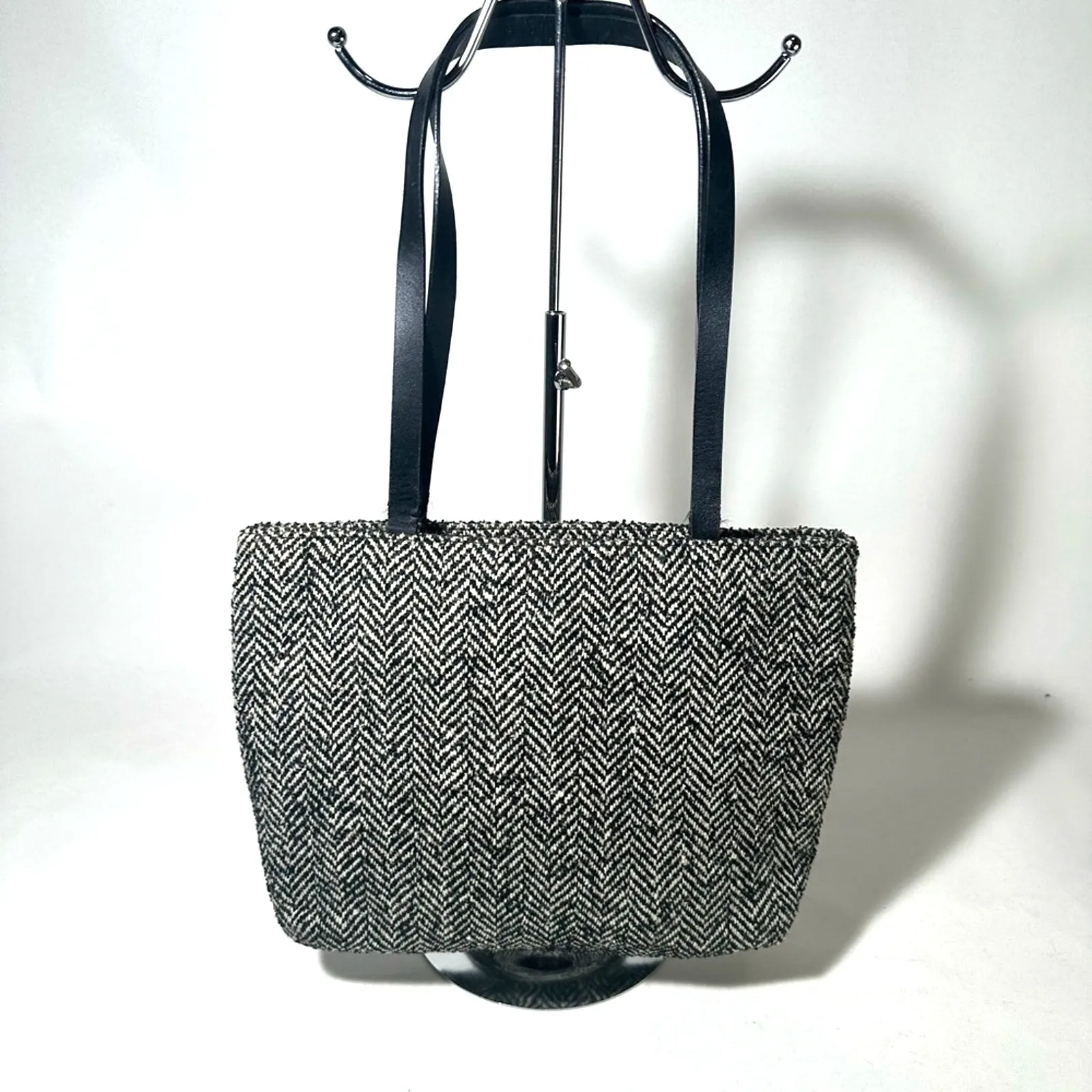 Black and White Tote with Textured Fabric and Long Handles