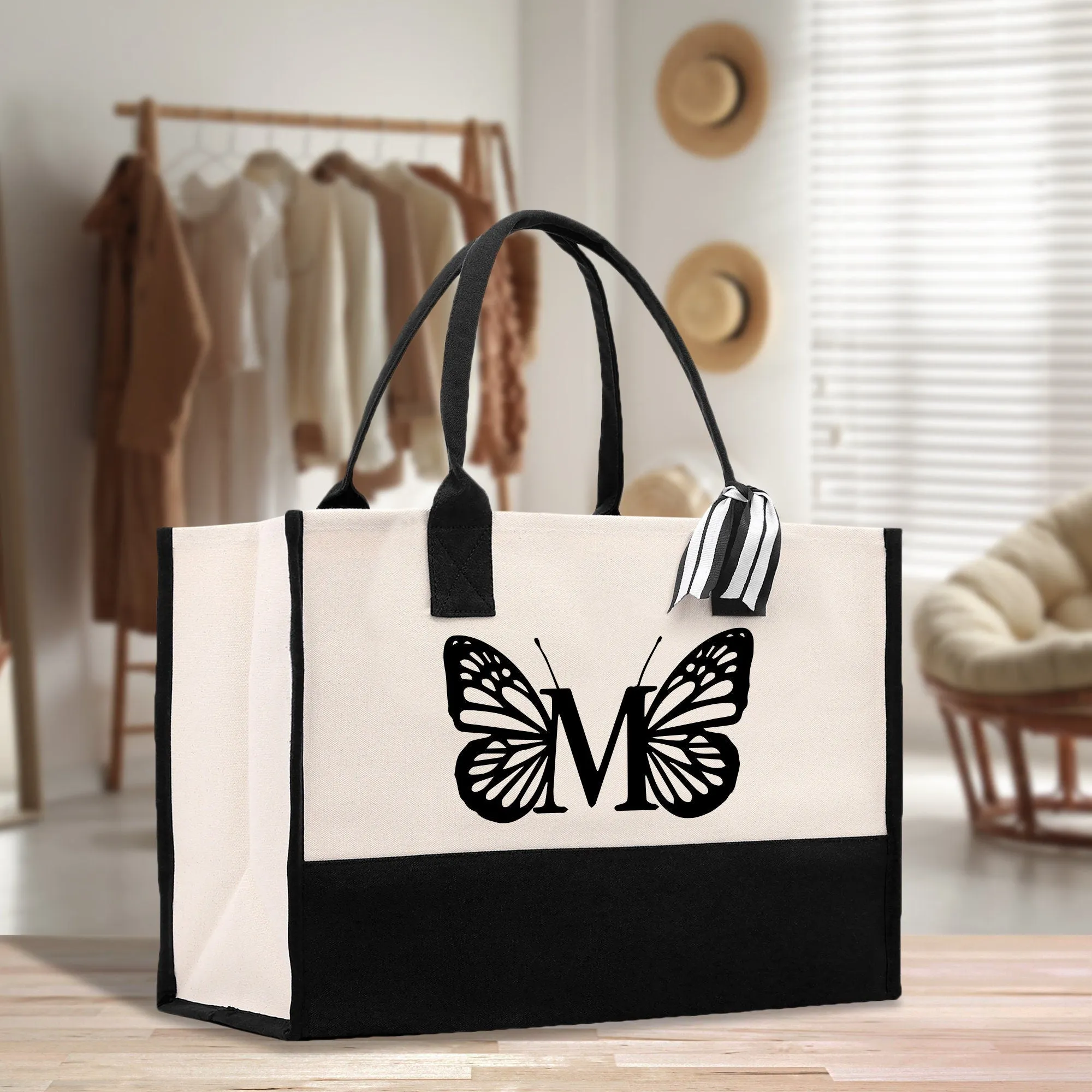 Butterfly Monogram Beach Canvas Tote Bag Initial Tote Bag Letter Tote Bag Birthday Gift Personalized Beach Tote Bag (BFTB1001)