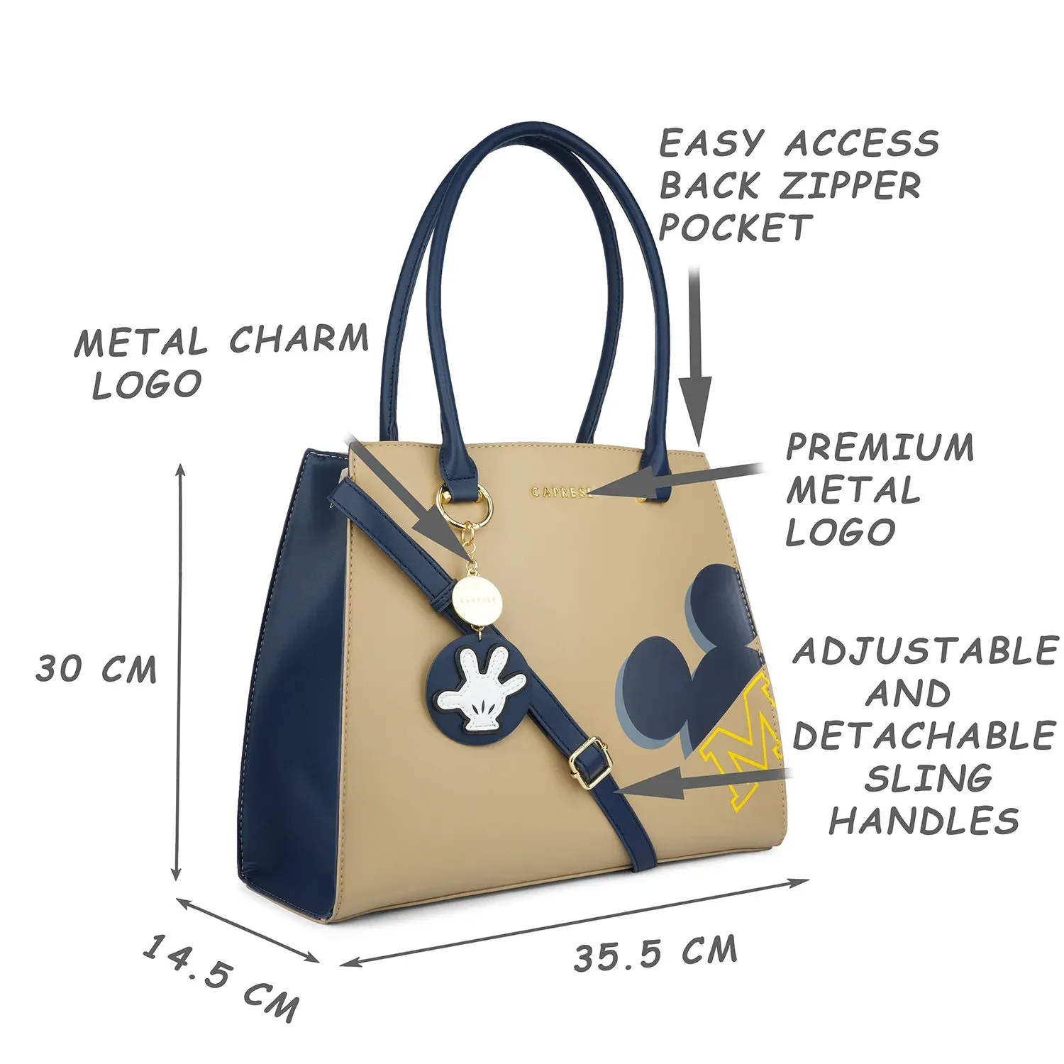 Caprese Disney Inspired Printed Mickey Mouse Collection Satchel Large Handbag Beige