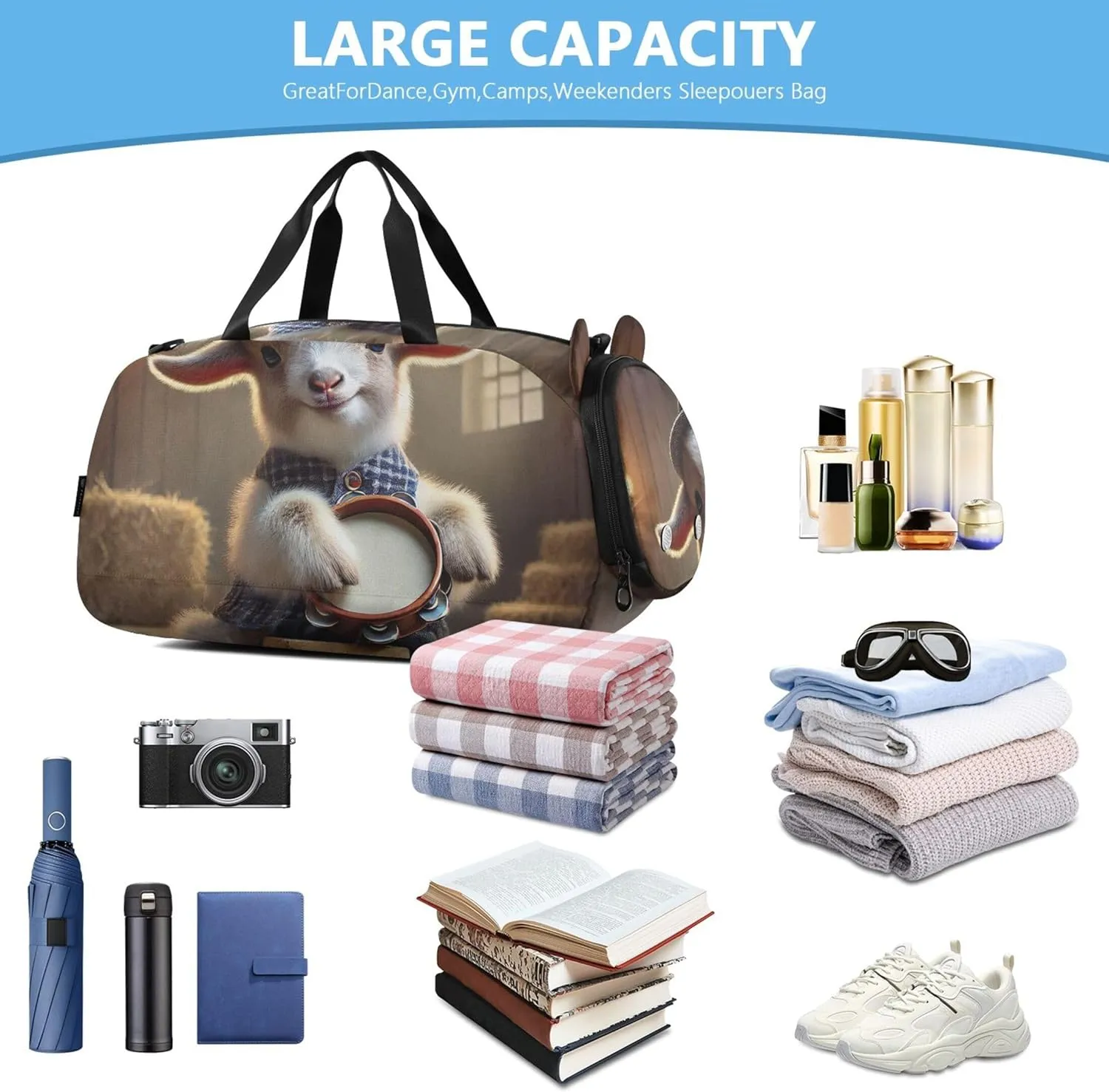 Carry on Duffel for Boys Weekender Overnight Duffle Bags for Traveling Tote Sports Duffle Bag Rustic Lamb Drummer Art