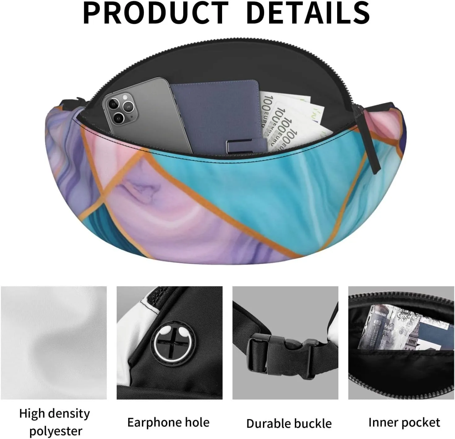 Casual Colorful Marble Pastel Blue Purple Printed Fanny Pack,Crossbody Fanny packs for women Men Waist Bag for Running Travel