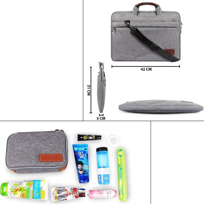 Combo: Ashton Polyester Laptop Briefcase & Travel Pouch | 15.6 inch | Grey