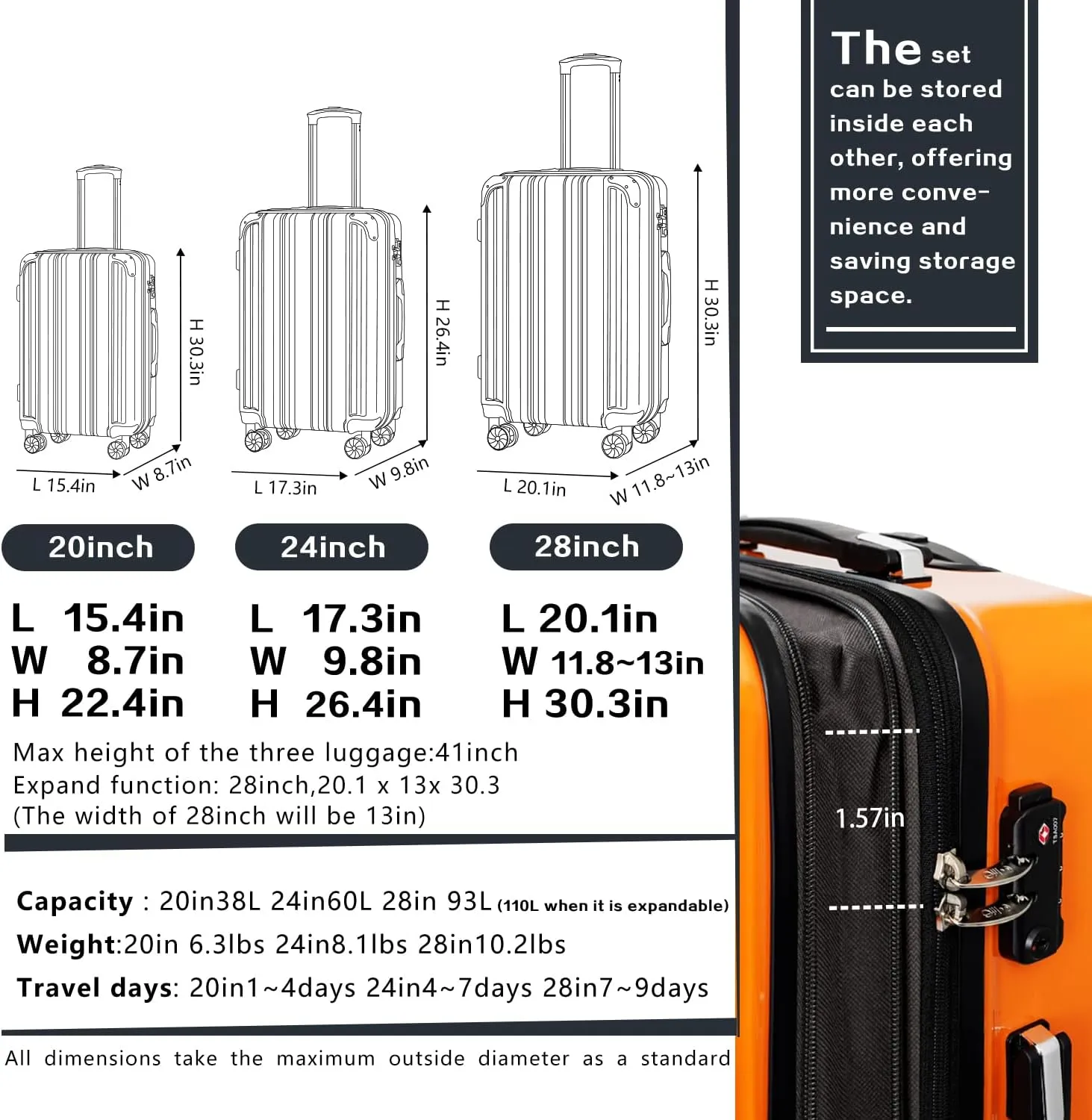 Coolife Luggage Expandable(only 28") Suitcase PC ABS Spinner 20in 24in 28in Carry on (orange new, S(20in)_carry on)