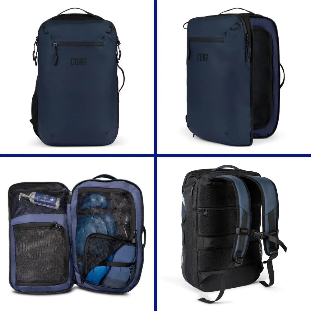 COR Surf Carry On Travel Backpack with Secret Passport Pockets | Carry-On Luggage Backpack With YKK Zippers for Men and Women | The Island Hopper (28L, Navy Blue)