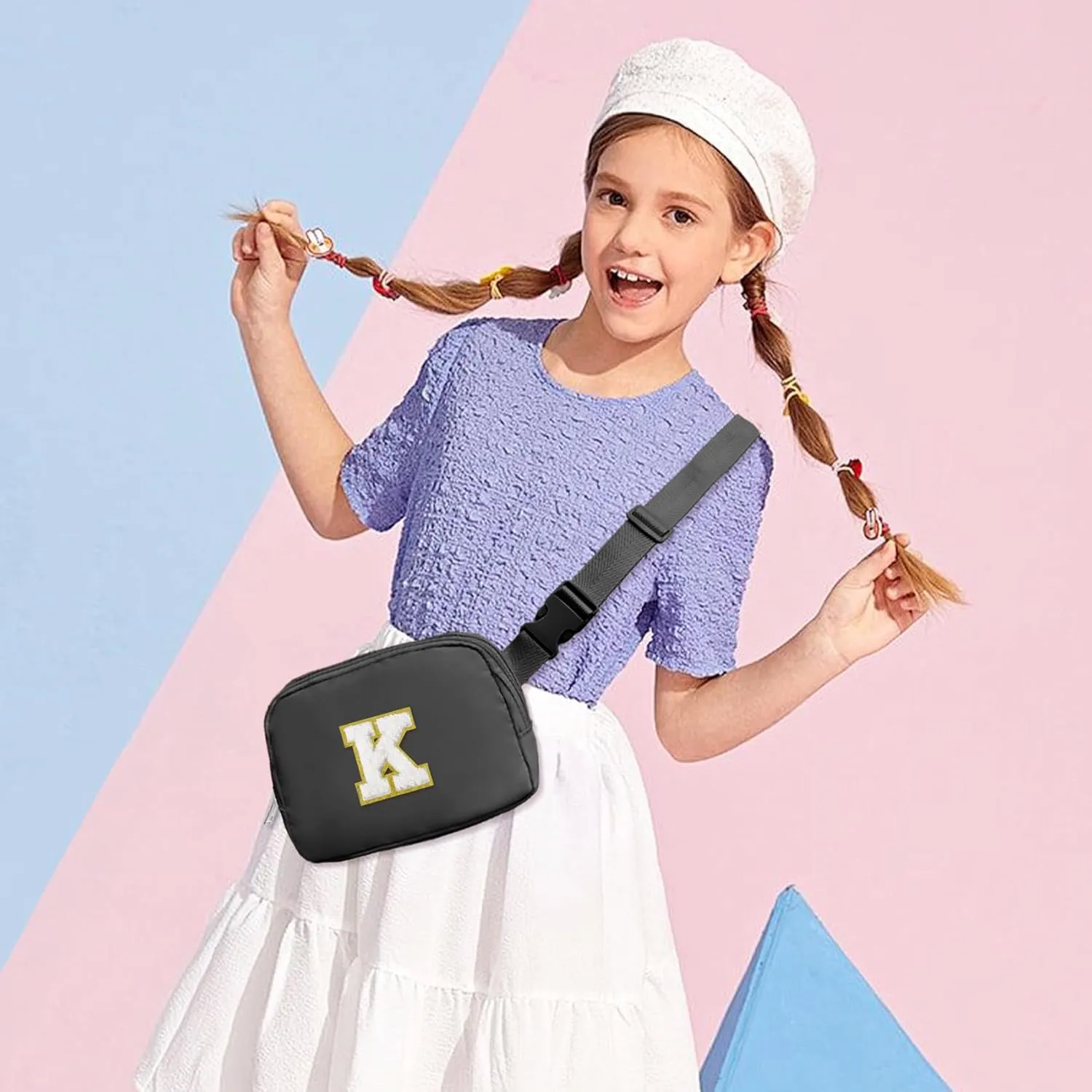 COSHAYSOO Small Initial Waist Fanny Pack Belt Bag with Chenille Letter Patch for Women Girls Sports Shopping Walking, Mini Preppy Cute Cross body Adjustable Strap Fashionable Pouch Black (K)