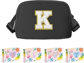 COSHAYSOO Small Initial Waist Fanny Pack Belt Bag with Chenille Letter Patch for Women Girls Sports Shopping Walking, Mini Preppy Cute Cross body Adjustable Strap Fashionable Pouch Black (K)