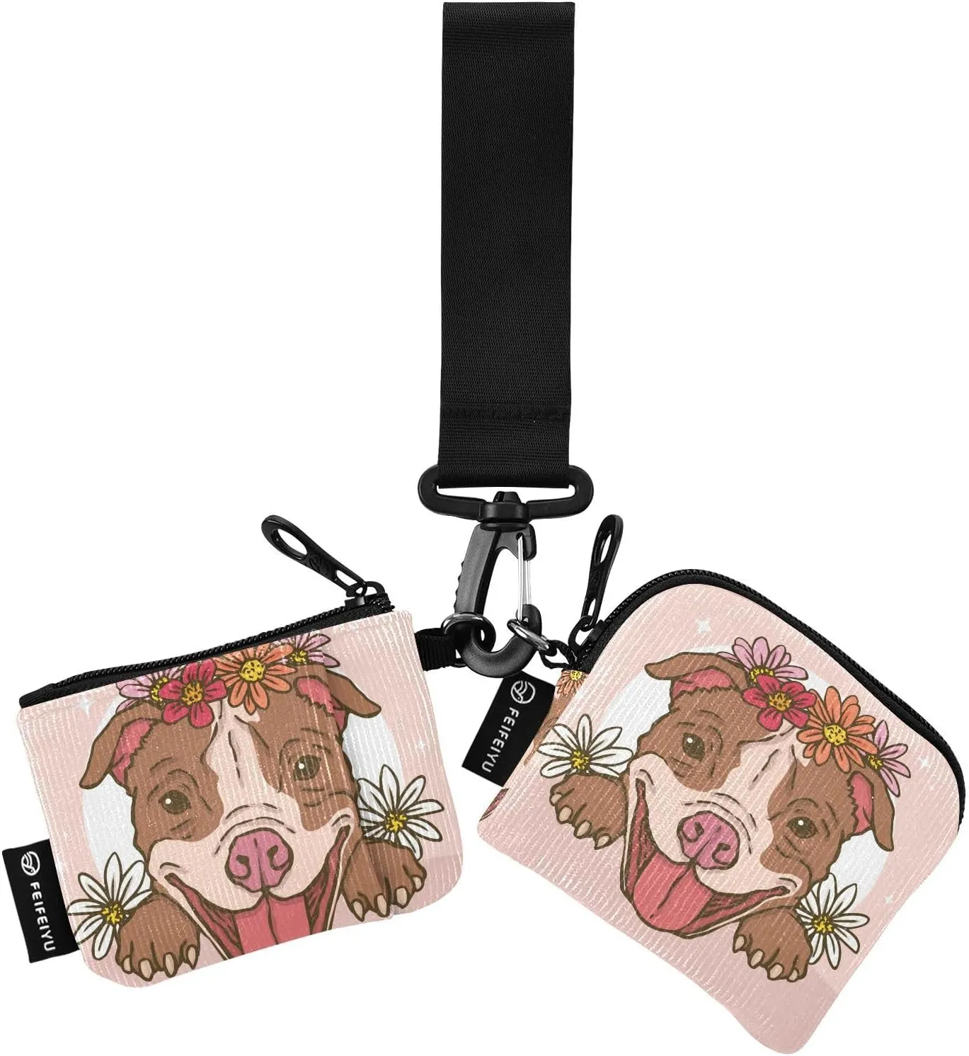 Cute Pitbull Dog Mini Zip Around Wristlet keychain Wallet for Women with Detachable Dual Pouch Wristlet Portable wallet Coin Purse