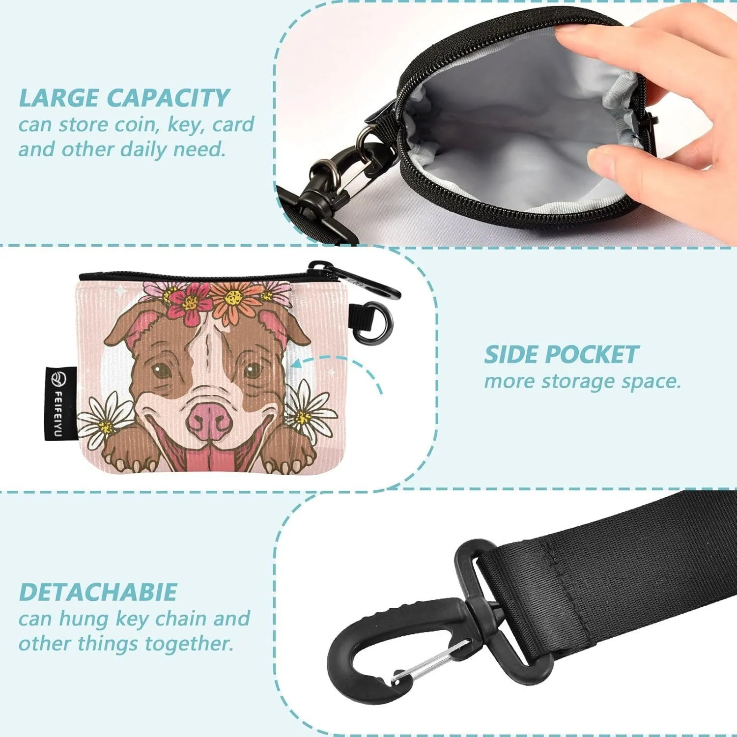 Cute Pitbull Dog Mini Zip Around Wristlet keychain Wallet for Women with Detachable Dual Pouch Wristlet Portable wallet Coin Purse