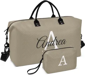 DOMIKING Brown Gray Personalized Duffel Bag Foldable Weekender Bag Overnight Bags for Women Men Custom Gym Bag with Toiletry Bag for Yoga Business Travel, 2 Pcs