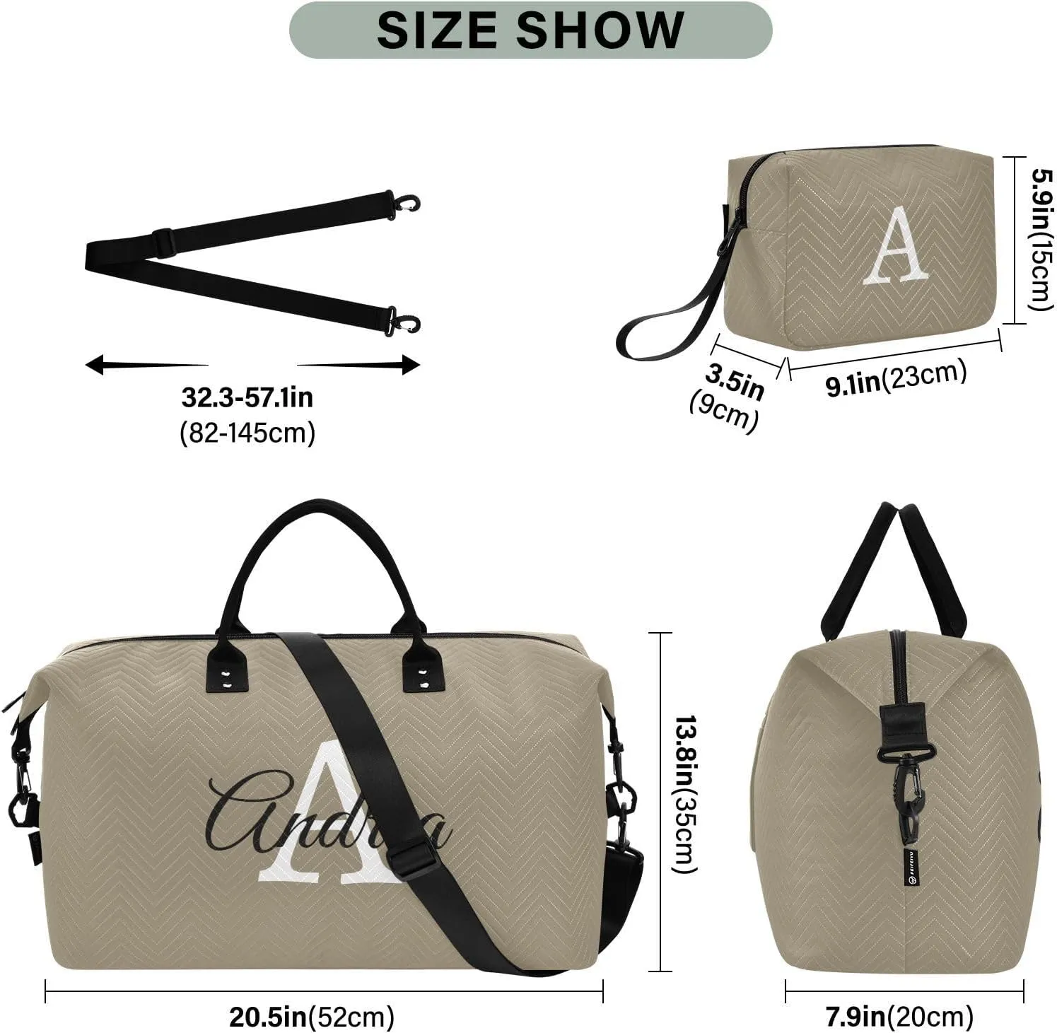 DOMIKING Brown Gray Personalized Duffel Bag Foldable Weekender Bag Overnight Bags for Women Men Custom Gym Bag with Toiletry Bag for Yoga Business Travel, 2 Pcs