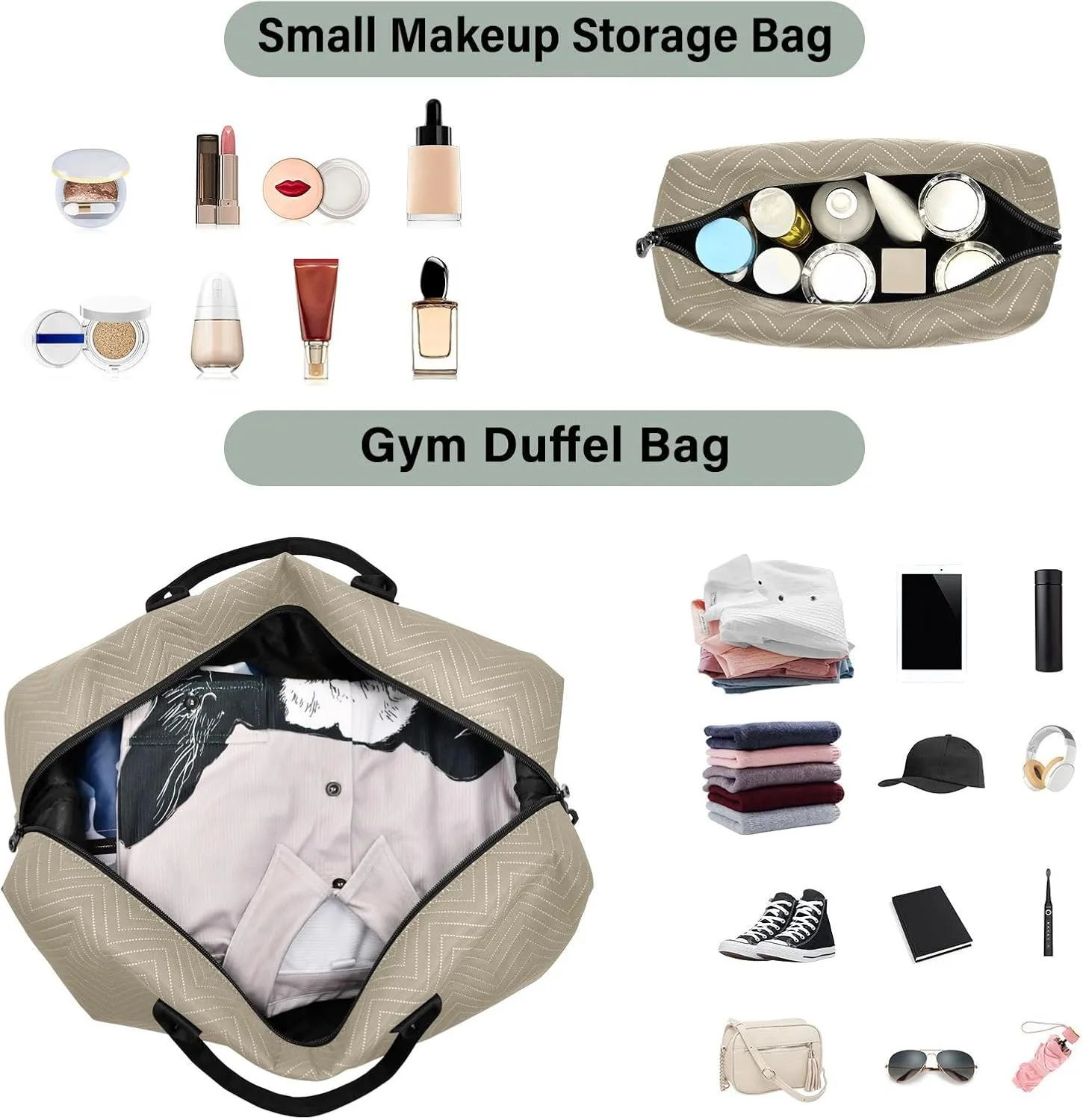 DOMIKING Brown Gray Personalized Duffel Bag Foldable Weekender Bag Overnight Bags for Women Men Custom Gym Bag with Toiletry Bag for Yoga Business Travel, 2 Pcs