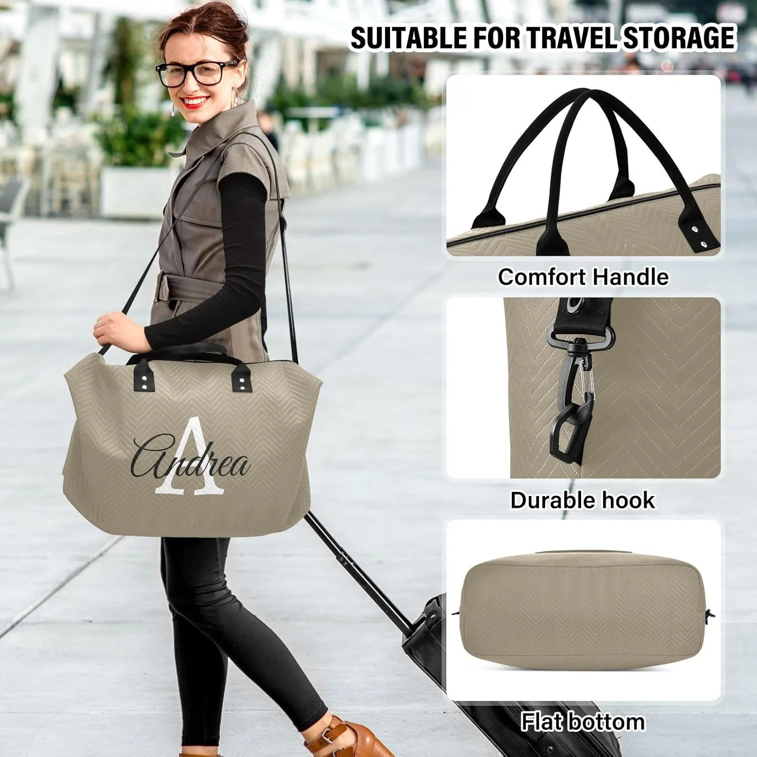 DOMIKING Brown Gray Personalized Duffel Bag Foldable Weekender Bag Overnight Bags for Women Men Custom Gym Bag with Toiletry Bag for Yoga Business Travel, 2 Pcs