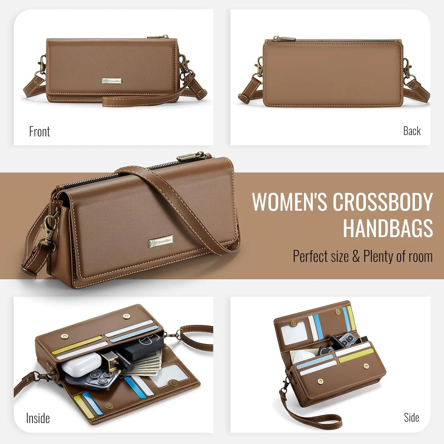 Dteck PU Leather Cell Phone Bag with Shoulder Strap and Wrist Strap Lanyard, 8 Card Slots, RFID Blocking, Zipper Pocket, Magnetic Snap Closure, Small Casual Crossbody Handbag Purse for Women, Brown