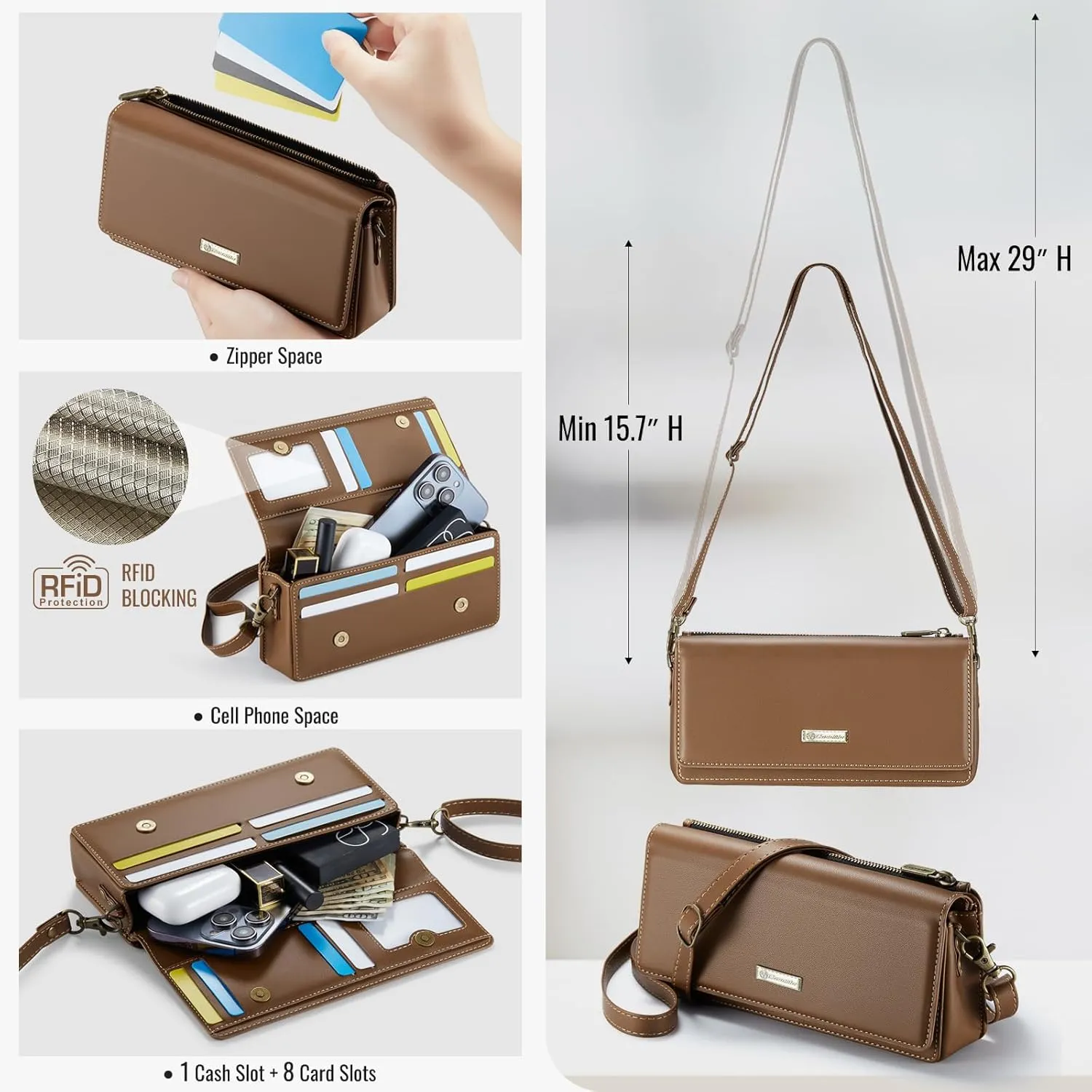 Dteck PU Leather Cell Phone Bag with Shoulder Strap and Wrist Strap Lanyard, 8 Card Slots, RFID Blocking, Zipper Pocket, Magnetic Snap Closure, Small Casual Crossbody Handbag Purse for Women, Brown