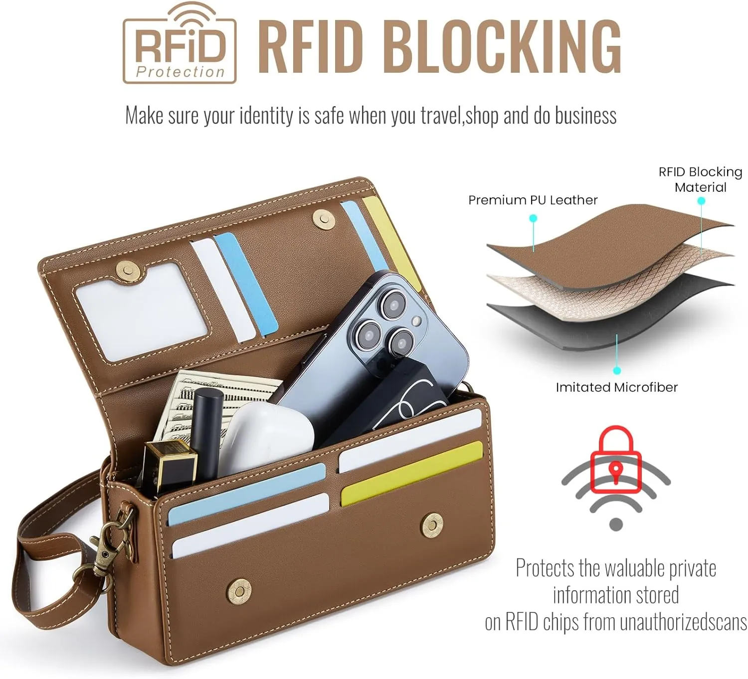 Dteck PU Leather Cell Phone Bag with Shoulder Strap and Wrist Strap Lanyard, 8 Card Slots, RFID Blocking, Zipper Pocket, Magnetic Snap Closure, Small Casual Crossbody Handbag Purse for Women, Brown