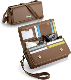 Dteck PU Leather Cell Phone Bag with Shoulder Strap and Wrist Strap Lanyard, 8 Card Slots, RFID Blocking, Zipper Pocket, Magnetic Snap Closure, Small Casual Crossbody Handbag Purse for Women, Brown