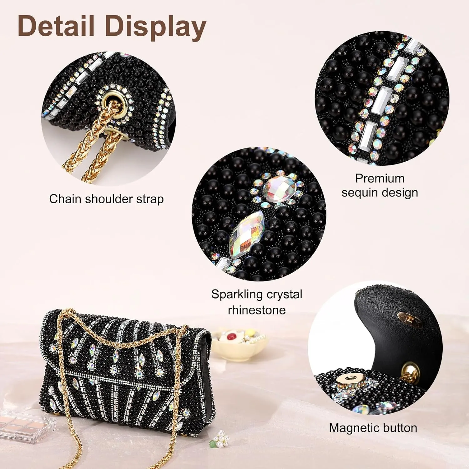 Evening Bags Clutch Purses for Women Formal, Beaded Purses Crystal Rhinestone Crossbody Handbag with Chain Shoulder Bag Sparkly for Wedding Guest Party Black