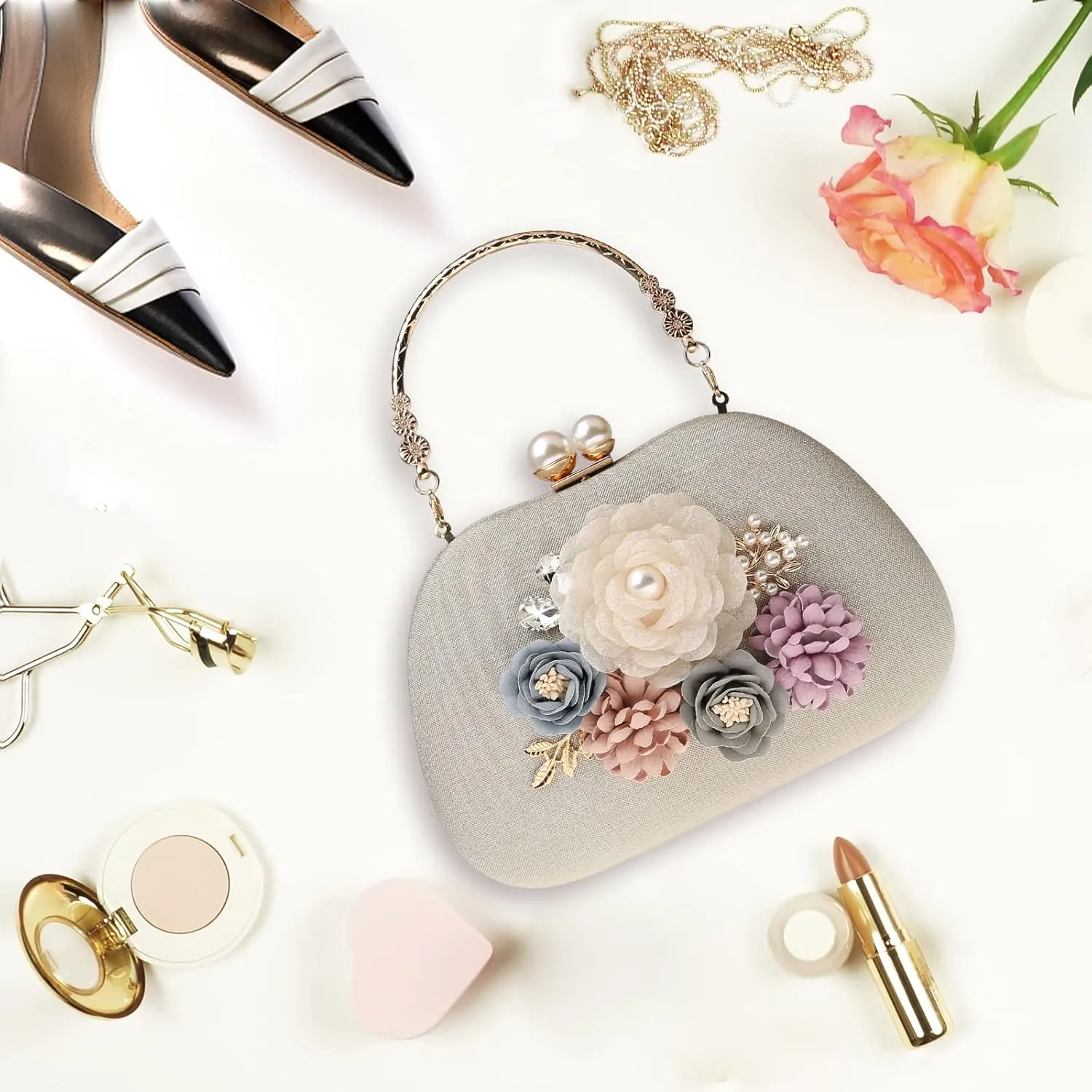 Evening HandBags for Women Flower Wedding Clutch Purse Satin Floral Ladies Party Crossbody Bag