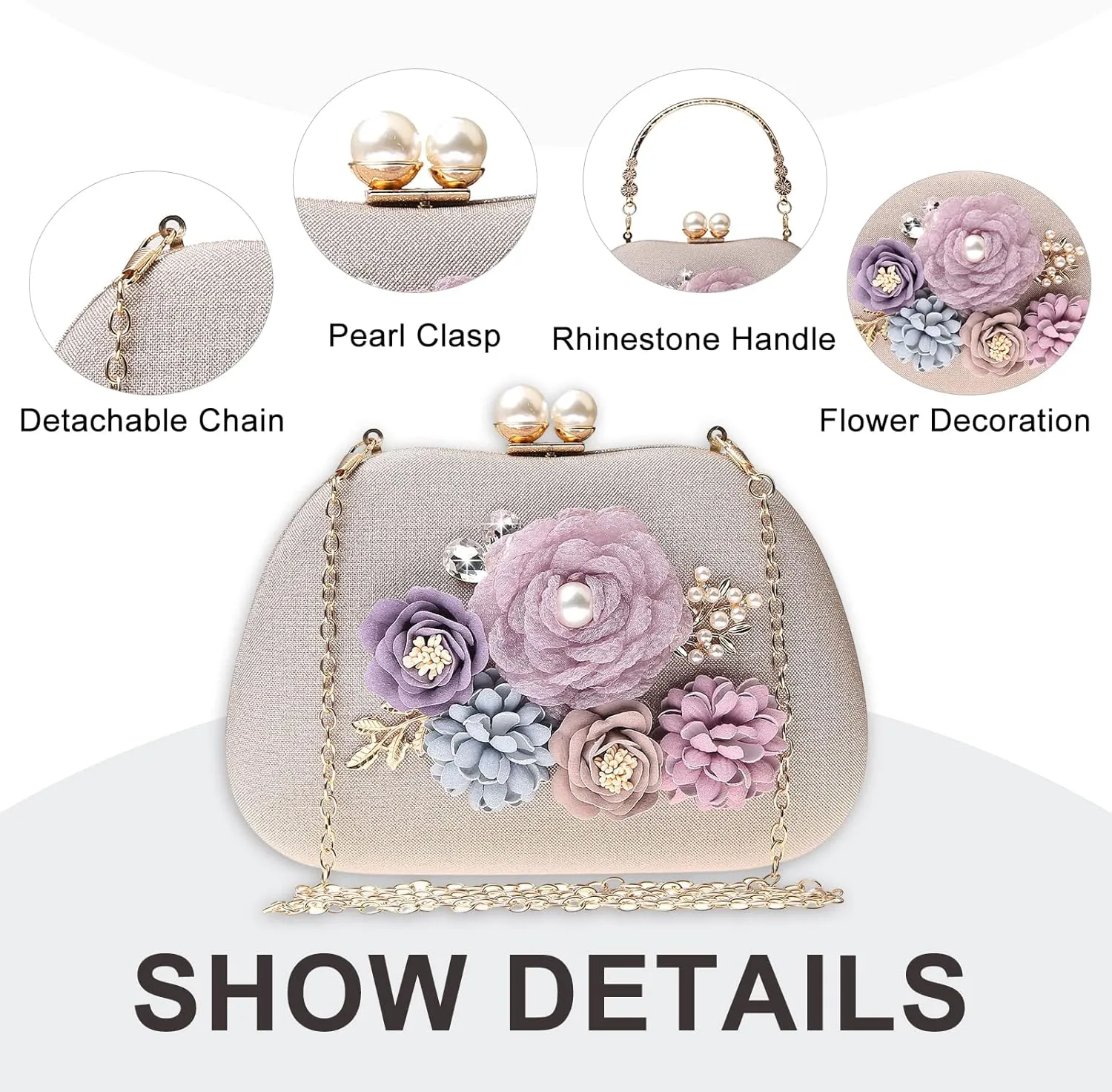 Evening HandBags for Women Flower Wedding Clutch Purse Satin Floral Ladies Party Crossbody Bag