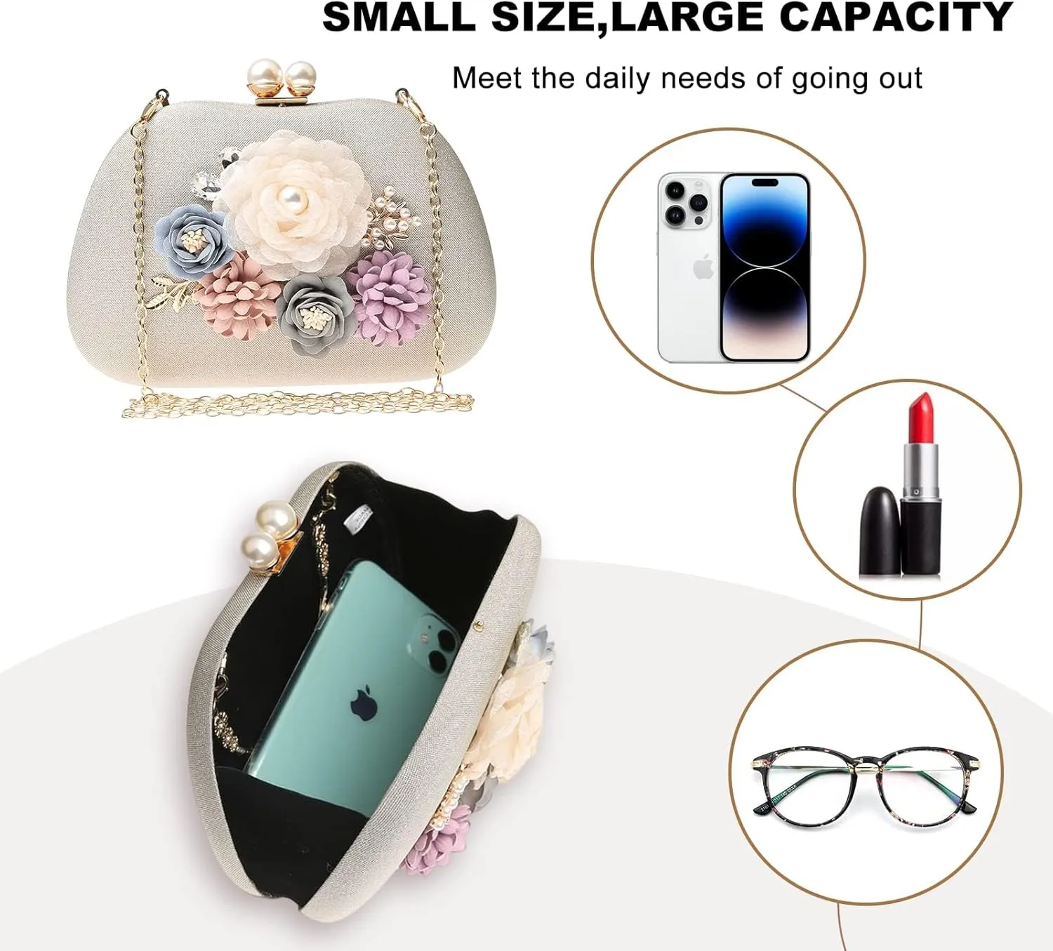 Evening HandBags for Women Flower Wedding Clutch Purse Satin Floral Ladies Party Crossbody Bag