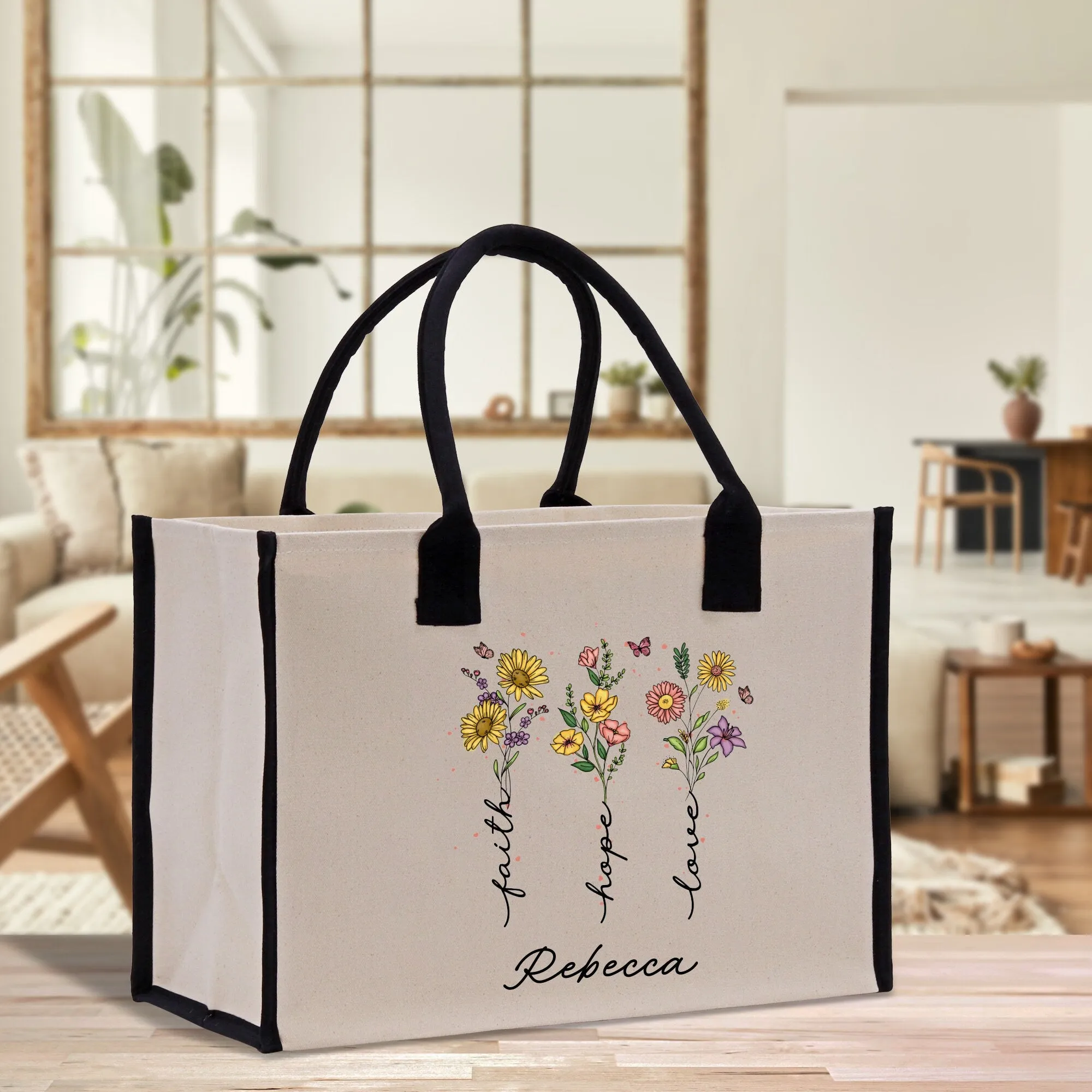 Faith Hope Believe Personalized Name Religious Cotton Canvas Tote Bag For Women Custom Religious Gifts Church Tote Bag