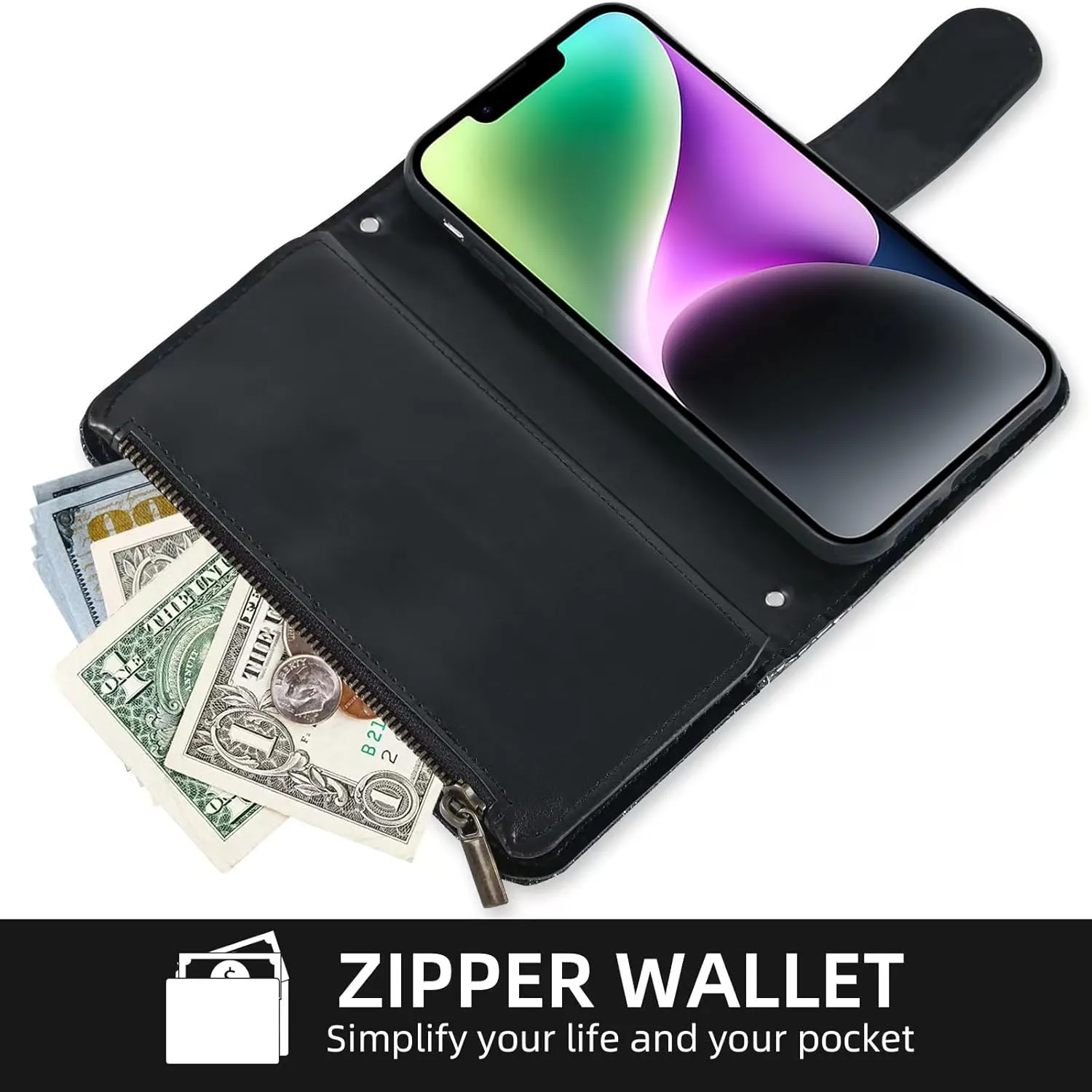 Floral Wallet Case for iPhone 13 Mini 5.4 inch with Wrist Strap Shoulder Strap Flip Zipper Purse Card Holder,Glitter Phone Cover for iPhone13mini i-Phone 13minicase i iPhone13 13mini Black