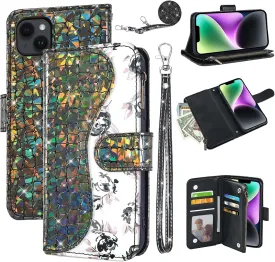 Floral Wallet Case for iPhone 13 Mini 5.4 inch with Wrist Strap Shoulder Strap Flip Zipper Purse Card Holder,Glitter Phone Cover for iPhone13mini i-Phone 13minicase i iPhone13 13mini Black