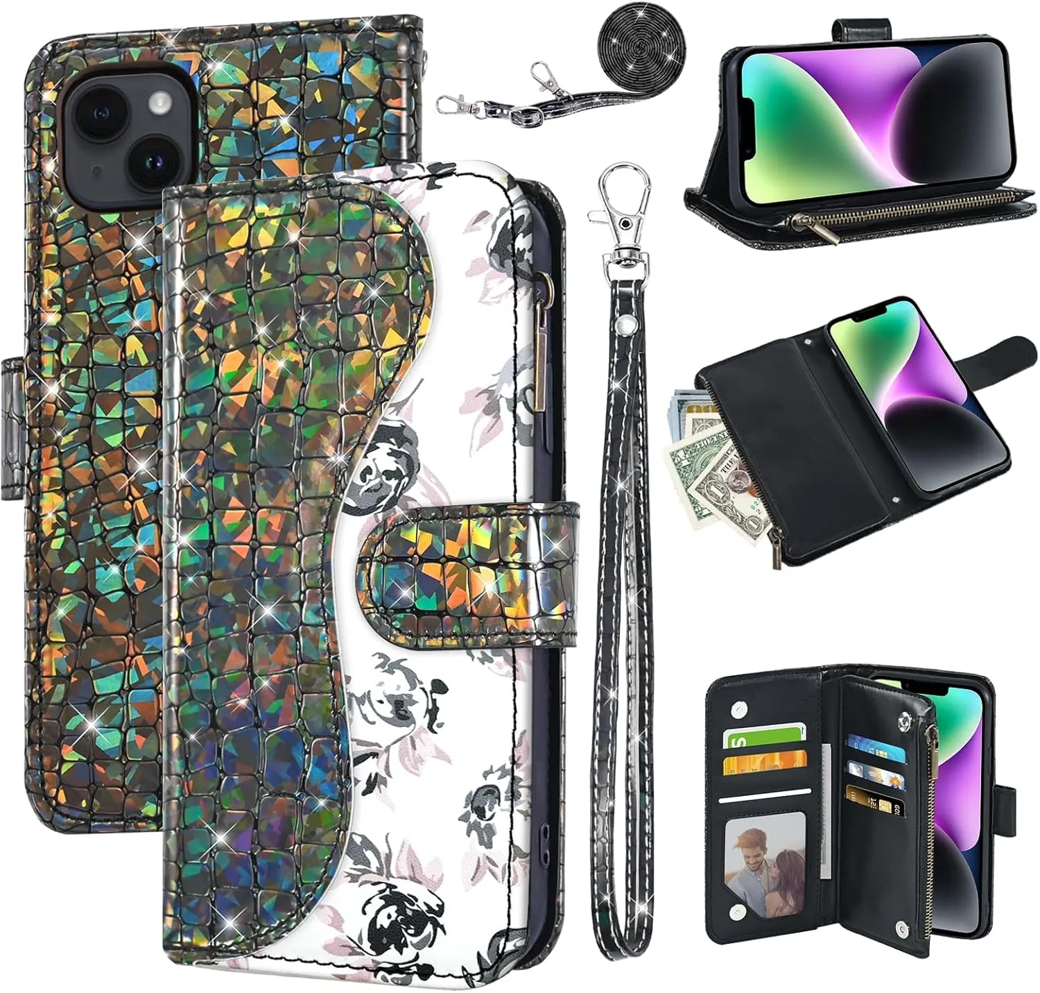 Floral Wallet Case for iPhone 13 Mini 5.4 inch with Wrist Strap Shoulder Strap Flip Zipper Purse Card Holder,Glitter Phone Cover for iPhone13mini i-Phone 13minicase i iPhone13 13mini Black