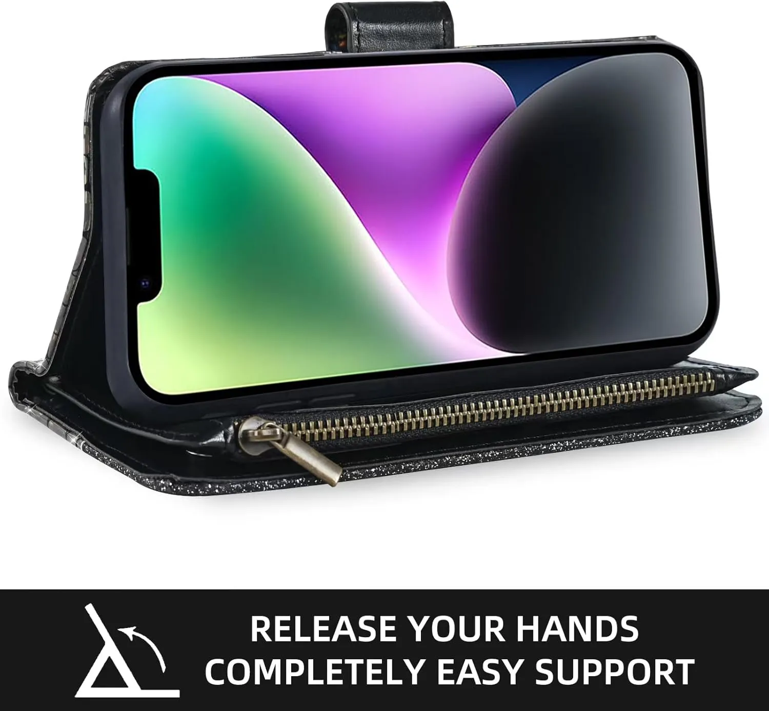 Floral Wallet Case for iPhone 13 Mini 5.4 inch with Wrist Strap Shoulder Strap Flip Zipper Purse Card Holder,Glitter Phone Cover for iPhone13mini i-Phone 13minicase i iPhone13 13mini Black