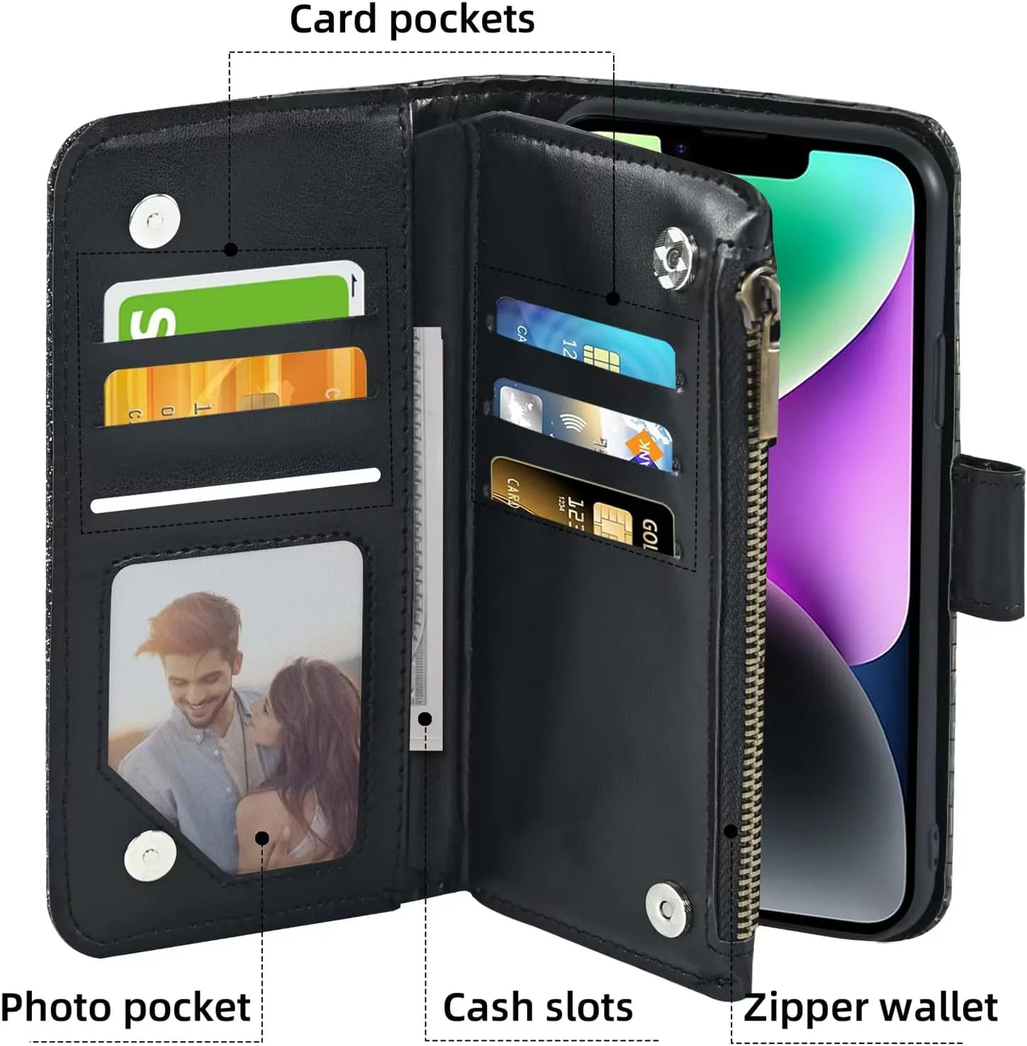 Floral Wallet Case for iPhone 13 Mini 5.4 inch with Wrist Strap Shoulder Strap Flip Zipper Purse Card Holder,Glitter Phone Cover for iPhone13mini i-Phone 13minicase i iPhone13 13mini Black
