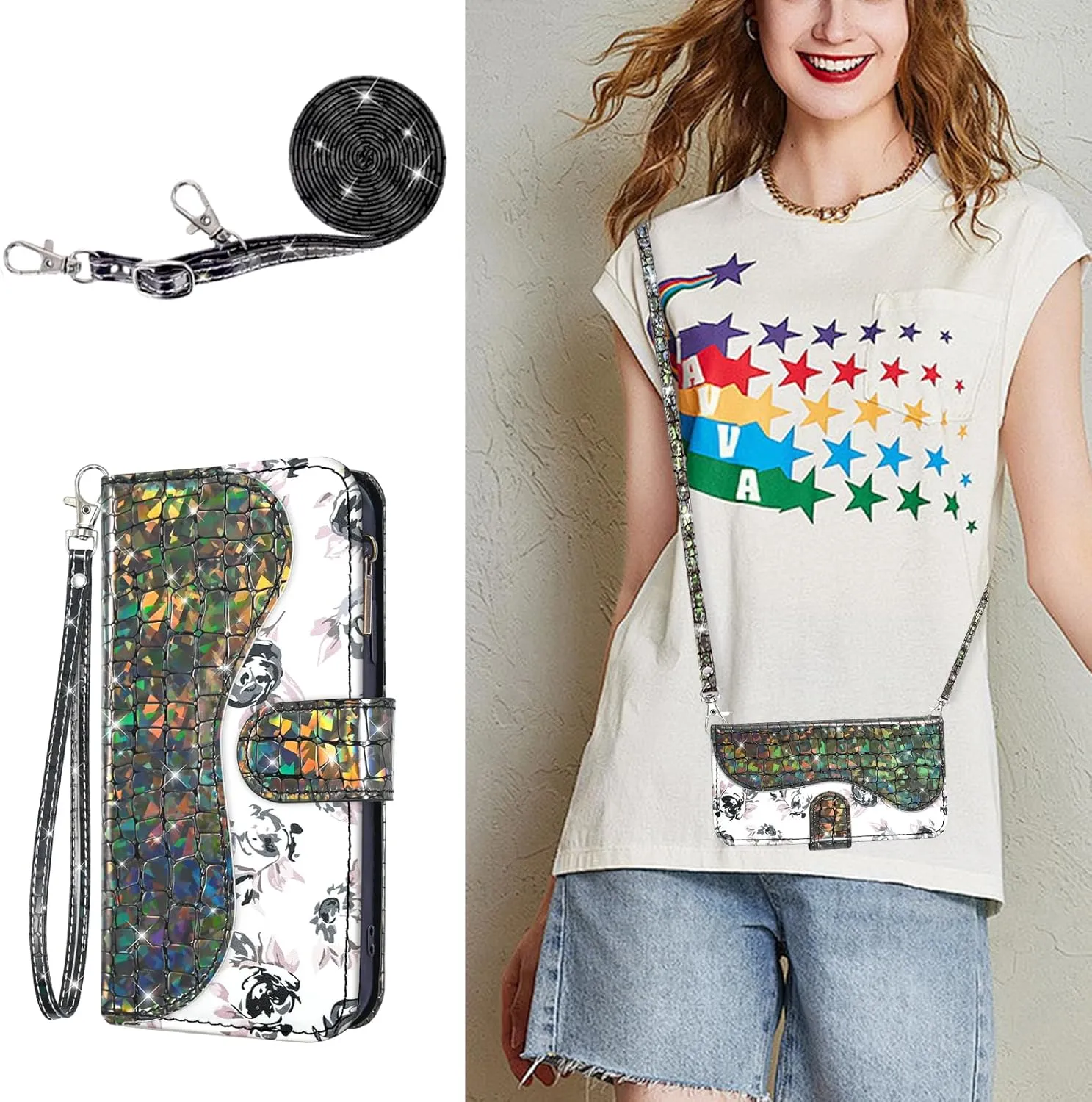 Floral Wallet Case for iPhone 13 Mini 5.4 inch with Wrist Strap Shoulder Strap Flip Zipper Purse Card Holder,Glitter Phone Cover for iPhone13mini i-Phone 13minicase i iPhone13 13mini Black