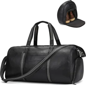 Genuine Leather Travel Bag Large Capacity Waterproof Luggage Duffel Bag with Shoe Compartment, Weekender Shoulder Handbag for Men Women Holiday Business Trip, Black