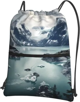 Glacier Fjord, Alaska Prints Quality Drawstring zipper Backpack Suitable for outdoor leisure 15.3 X 18in (L X H), Black, One Size