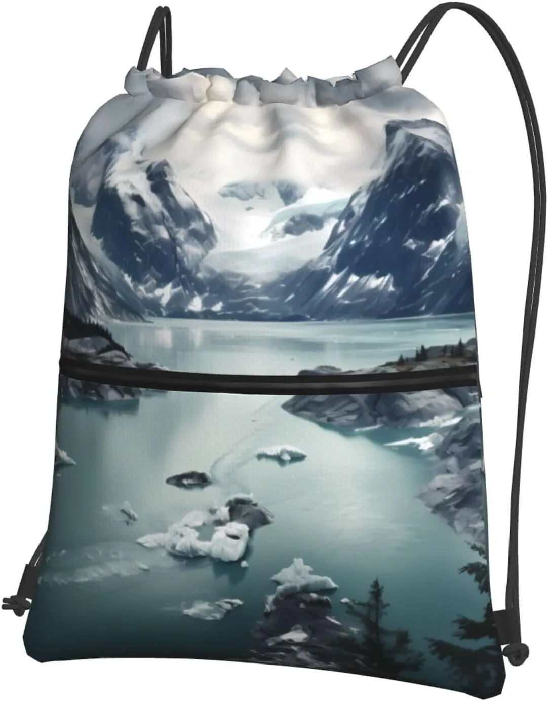 Glacier Fjord, Alaska Prints Quality Drawstring zipper Backpack Suitable for outdoor leisure 15.3 X 18in (L X H), Black, One Size