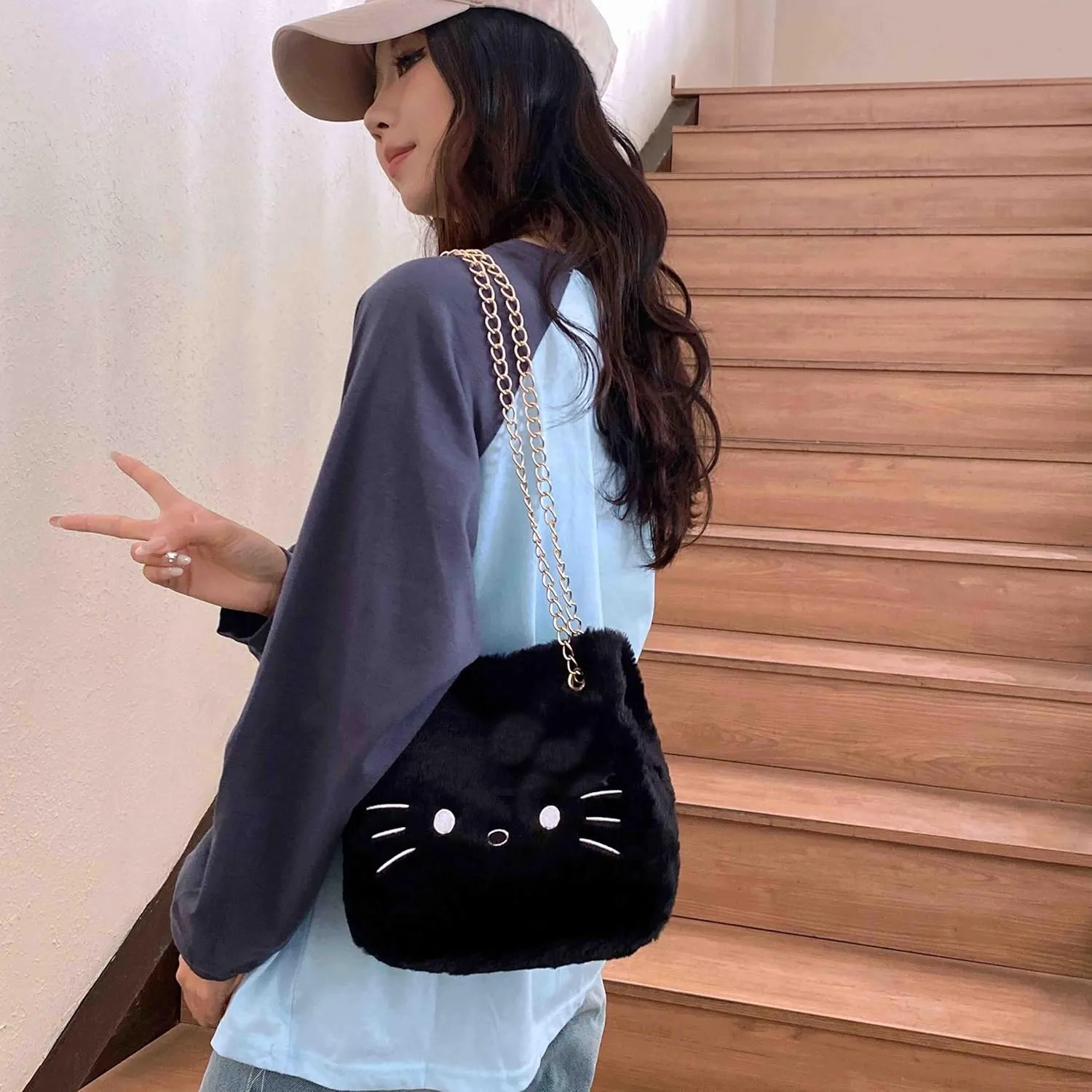 Kawaii Cat Shoulder Bag for Women Girls, Cute Plush Crossbody Purse with Adjustable Metal Strap, Gift for Women Girls