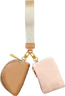 Keychain Wallet Mini Zip Around Wristlet Wallets for Women, Detachable Dual Pouch, Portable Coin Purse, Small, Beige