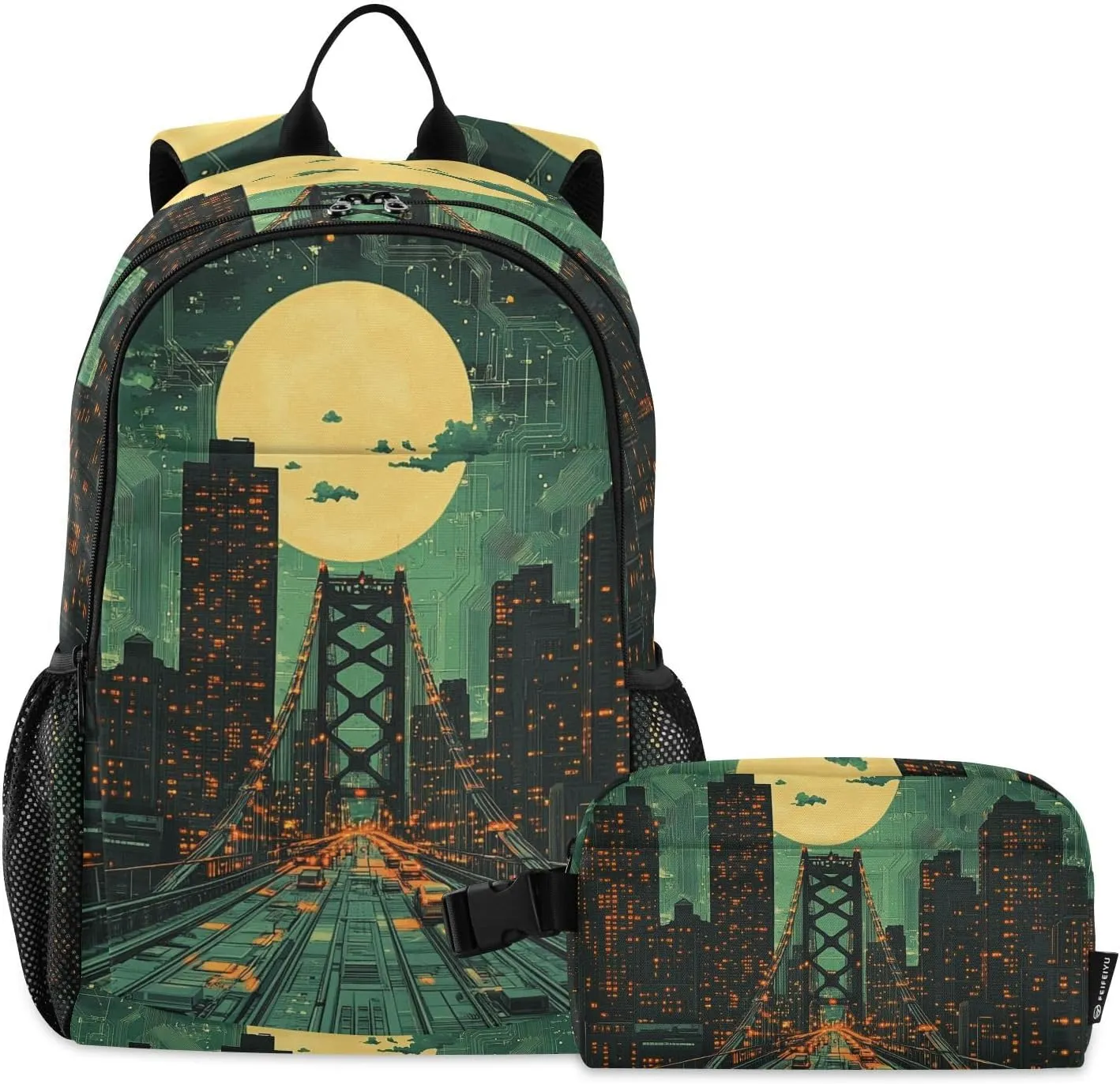 Kids Backpack Circuit Board Bridge Green School Bookbag with Lunch Bag for Boys Girls Preschool Kindergarten Elementary Laptop Daypack