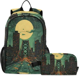 Kids Backpack Circuit Board Bridge Green School Bookbag with Lunch Bag for Boys Girls Preschool Kindergarten Elementary Laptop Daypack