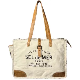 Leather Canvas Tote Bag for Women - Sel de Mer French-Inspired Shoulder Bag, White