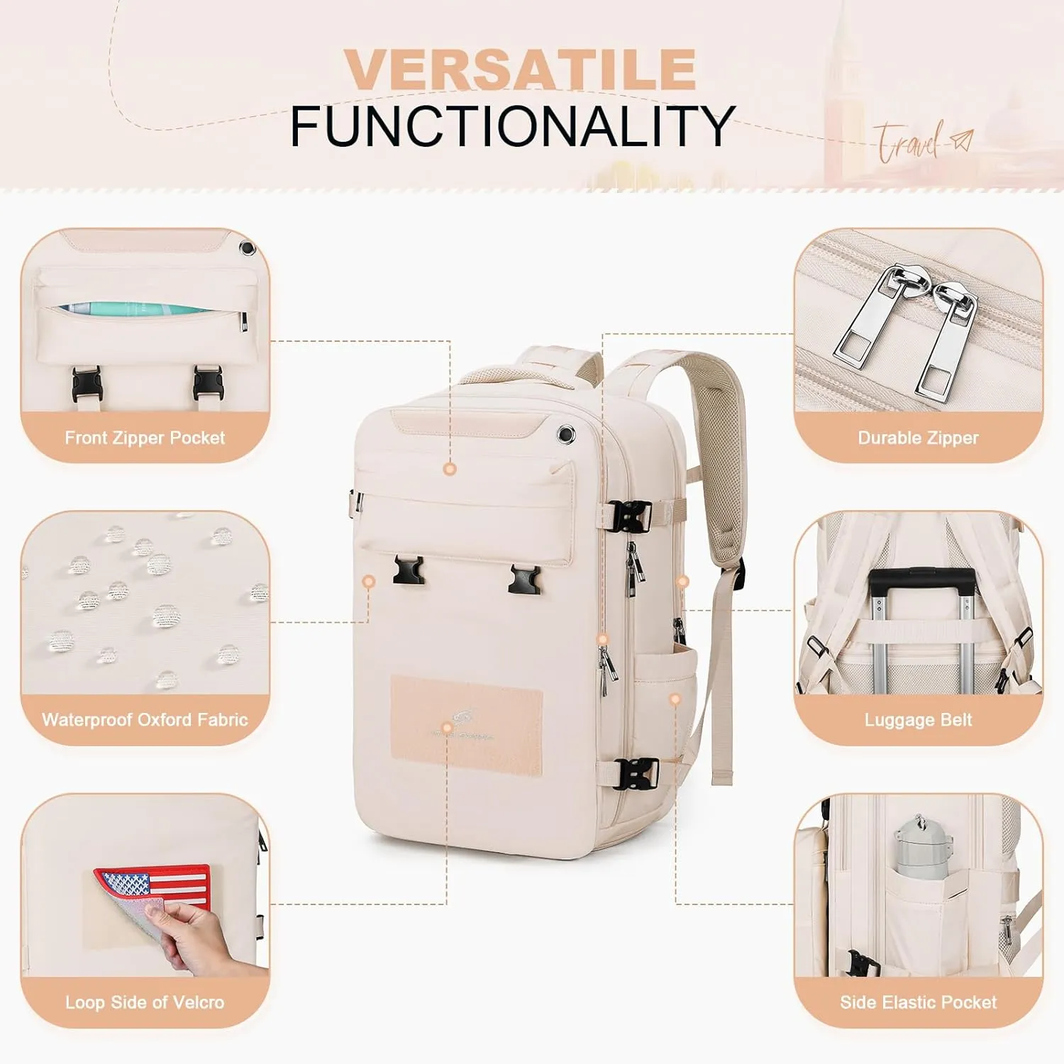 Maelstrom Travel Backpack for Women Men,25L Laptop Backpack Fits 17-Inch Laptop,Waterproof Carry On Backpack for Airplanes with Detachable Crossbody Bag&Shoe Compartment,Beige, Medium