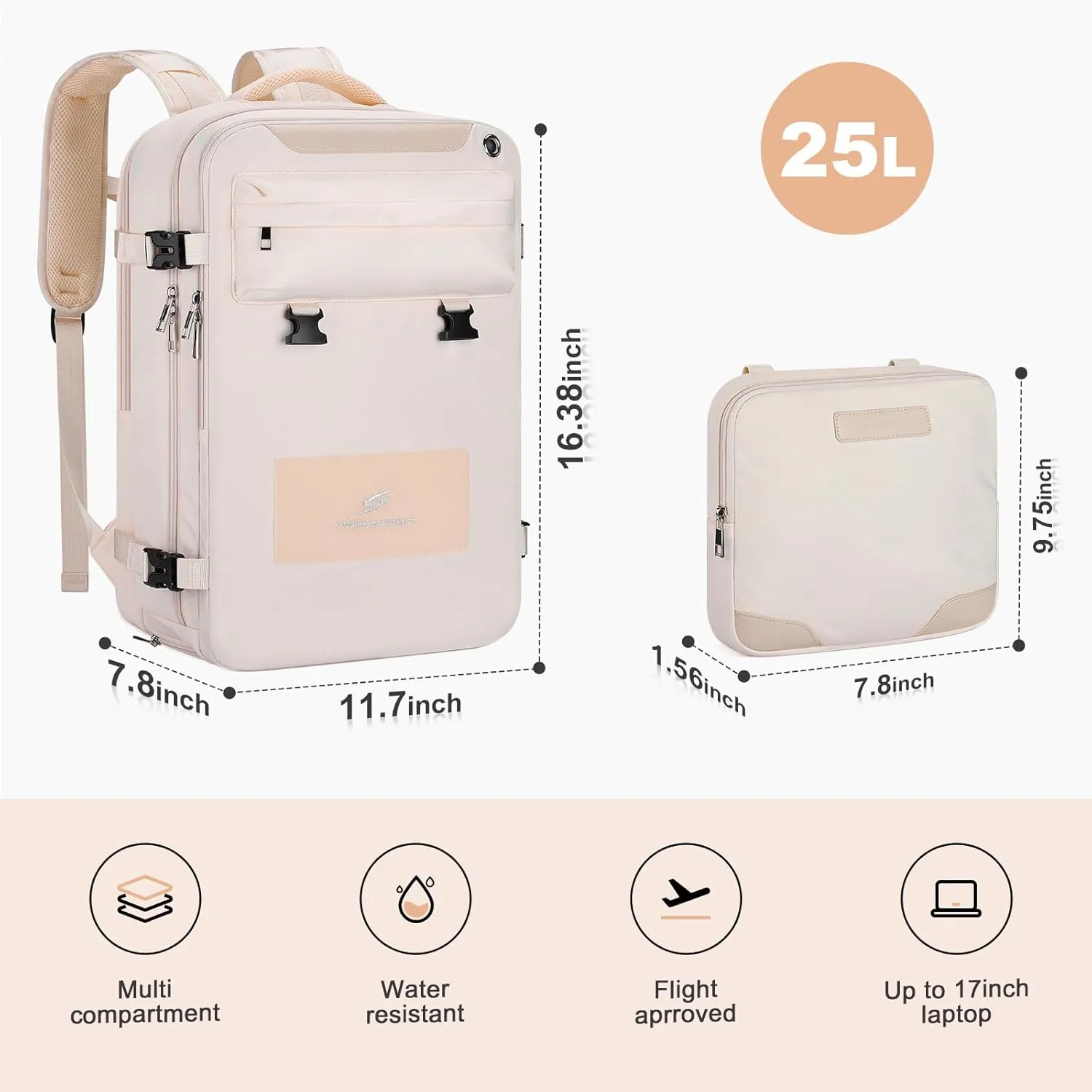 Maelstrom Travel Backpack for Women Men,25L Laptop Backpack Fits 17-Inch Laptop,Waterproof Carry On Backpack for Airplanes with Detachable Crossbody Bag&Shoe Compartment,Beige, Medium