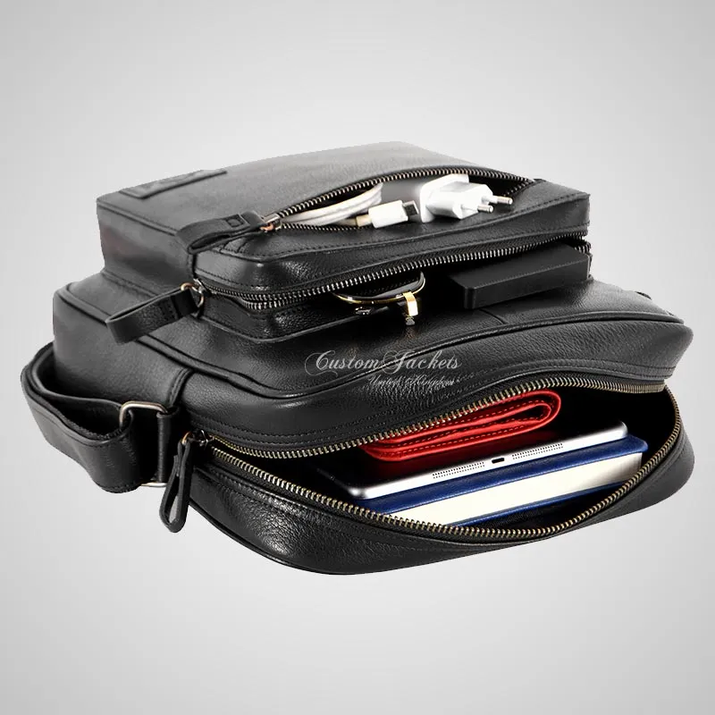 Men's Black Leather Reporter Bag Crossbody Shoulder Travel Bag