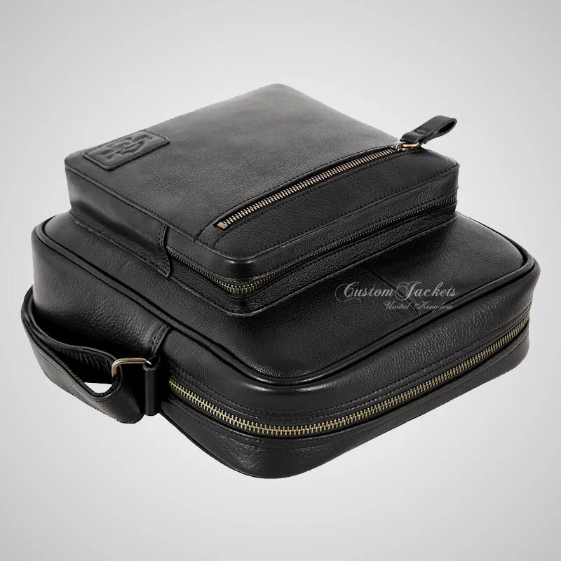 Men's Black Leather Reporter Bag Crossbody Shoulder Travel Bag
