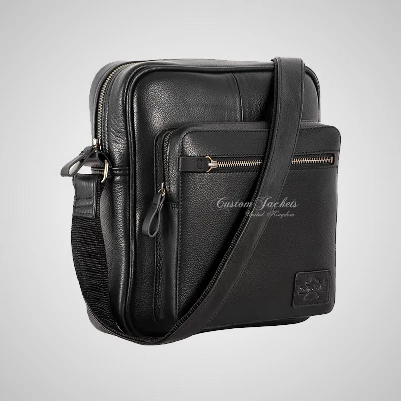 Men's Black Leather Reporter Bag Crossbody Shoulder Travel Bag